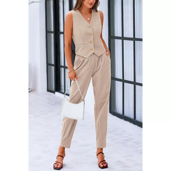 PRETTYGARDEN Womens Summer Two Piece Outfits V Neck Button Front Cropped Tank Tops Vest Pockets Pants Cotton Matching SetsKhaki