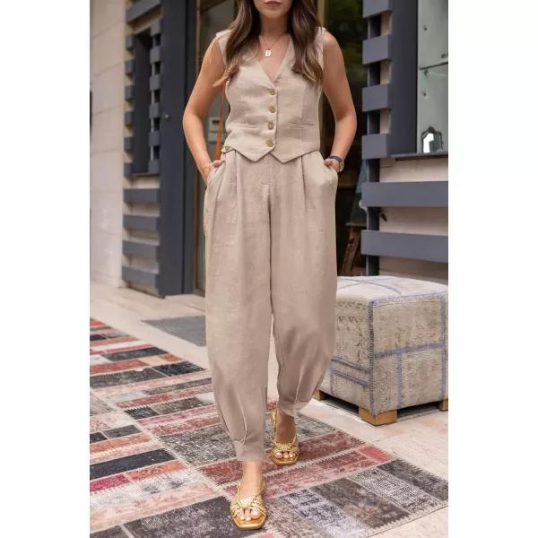 PRETTYGARDEN Womens Summer Two Piece Outfits V Neck Button Front Cropped Tank Tops Vest Pockets Pants Cotton Matching SetsKhaki