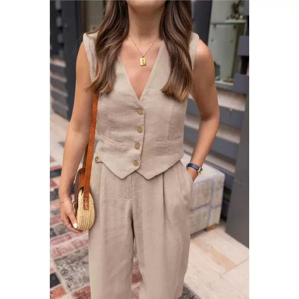 PRETTYGARDEN Womens Summer Two Piece Outfits V Neck Button Front Cropped Tank Tops Vest Pockets Pants Cotton Matching SetsKhaki