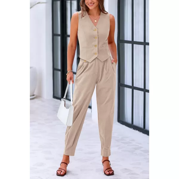 PRETTYGARDEN Womens Summer Two Piece Outfits V Neck Button Front Cropped Tank Tops Vest Pockets Pants Cotton Matching SetsKhaki