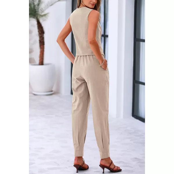 PRETTYGARDEN Womens Summer Two Piece Outfits V Neck Button Front Cropped Tank Tops Vest Pockets Pants Cotton Matching SetsKhaki