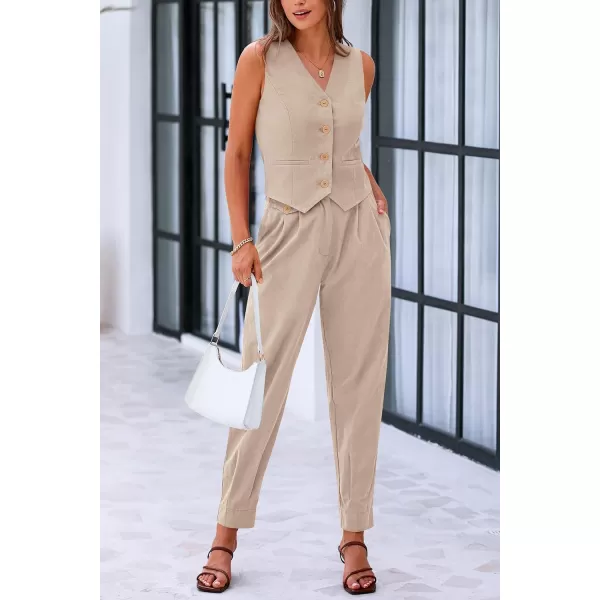 PRETTYGARDEN Womens Summer Two Piece Outfits V Neck Button Front Cropped Tank Tops Vest Pockets Pants Cotton Matching SetsKhaki