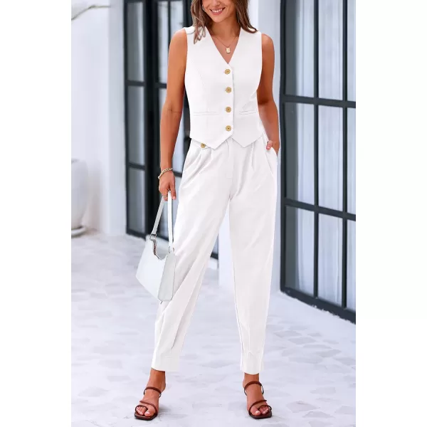 PRETTYGARDEN Womens Summer Two Piece Outfits V Neck Button Front Cropped Tank Tops Vest Pockets Pants Cotton Matching SetsWhite
