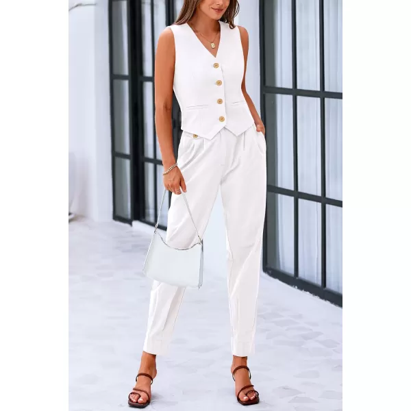PRETTYGARDEN Womens Summer Two Piece Outfits V Neck Button Front Cropped Tank Tops Vest Pockets Pants Cotton Matching SetsWhite