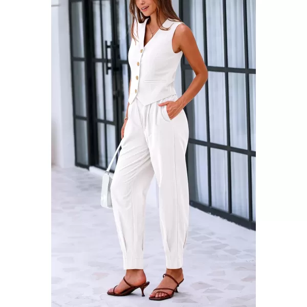 PRETTYGARDEN Womens Summer Two Piece Outfits V Neck Button Front Cropped Tank Tops Vest Pockets Pants Cotton Matching SetsWhite