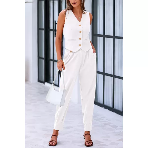 PRETTYGARDEN Womens Summer Two Piece Outfits V Neck Button Front Cropped Tank Tops Vest Pockets Pants Cotton Matching SetsWhite