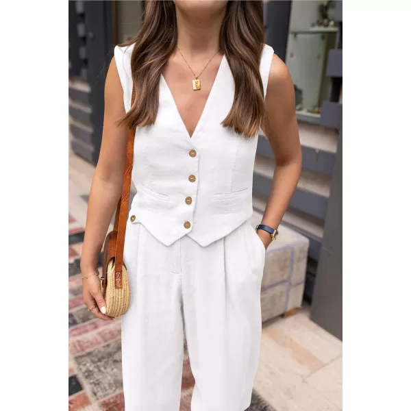 PRETTYGARDEN Womens Summer Two Piece Outfits V Neck Button Front Cropped Tank Tops Vest Pockets Pants Cotton Matching SetsWhite