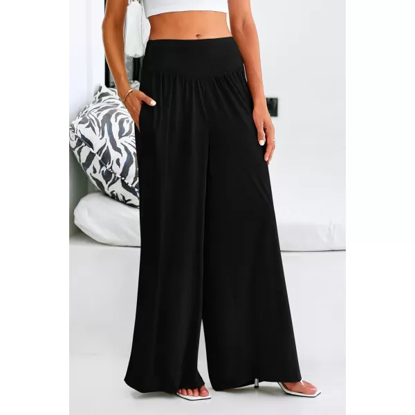 PRETTYGARDEN Womens Summer Wide Leg Trouser Pants Casual High Waisted Flowy Palazzo Lounge Pant with PocketsBlack