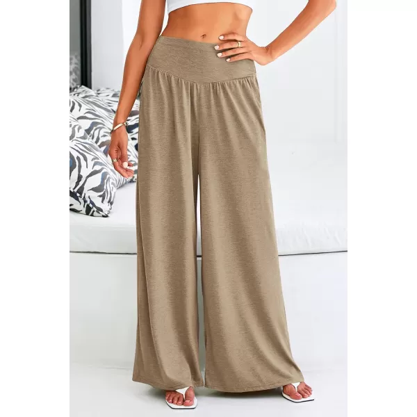 PRETTYGARDEN Womens Summer Wide Leg Trouser Pants Casual High Waisted Flowy Palazzo Lounge Pant with PocketsLight Brown