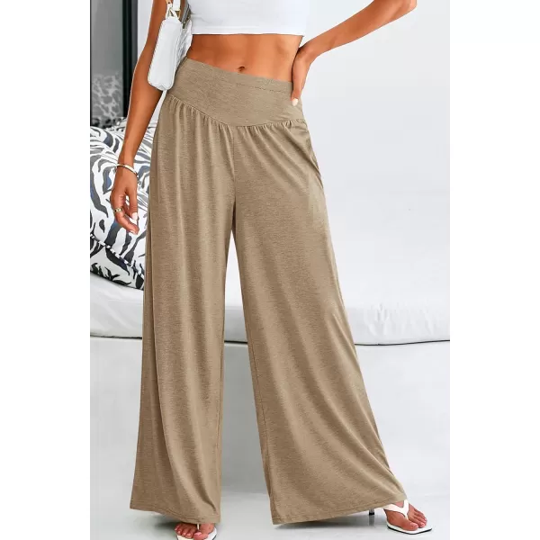 PRETTYGARDEN Womens Summer Wide Leg Trouser Pants Casual High Waisted Flowy Palazzo Lounge Pant with PocketsLight Brown