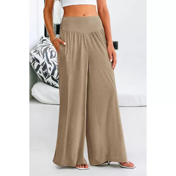 PRETTYGARDEN Womens Summer Wide Leg Trouser Pants Casual High Waisted Flowy Palazzo Lounge Pant with PocketsLight Brown