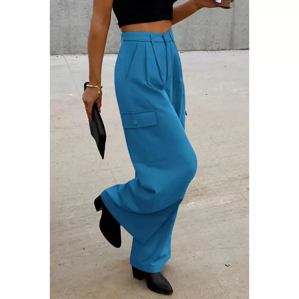 PRETTYGARDEN Womens Wide Leg Cargo Pants High Waist Business Casual Trousers Pant with PocketsDenim Blue