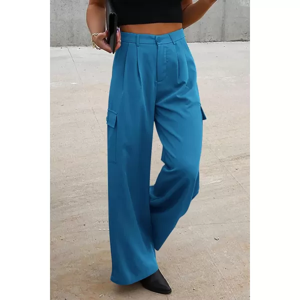 PRETTYGARDEN Womens Wide Leg Cargo Pants High Waist Business Casual Trousers Pant with PocketsDenim Blue