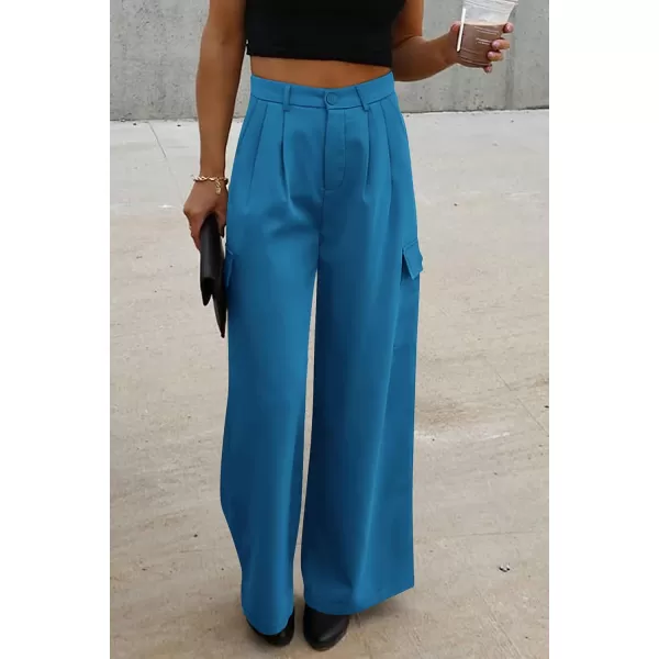 PRETTYGARDEN Womens Wide Leg Cargo Pants High Waist Business Casual Trousers Pant with PocketsDenim Blue