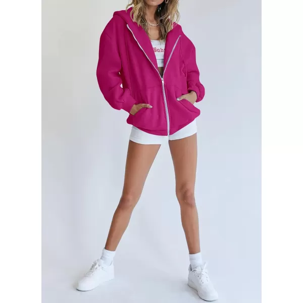PRETTYGARDEN Womens Zip Up Y2K Hoodies Casual Long Sleeve Track Jackets With PocketsRose Red