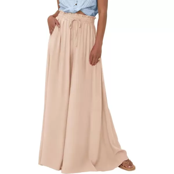 PRETTYGARDEN Womens 2024 Summer Wide Leg Palazzo Pants High Waisted Flowy Pockets Trendy Casual Lounge Boho Beach TrousersBeige