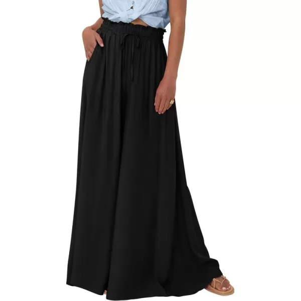PRETTYGARDEN Womens 2024 Summer Wide Leg Palazzo Pants High Waisted Flowy Pockets Trendy Casual Lounge Boho Beach TrousersBlack