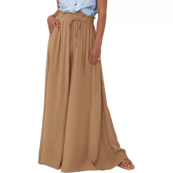 PRETTYGARDEN Womens 2024 Summer Wide Leg Palazzo Pants High Waisted Flowy Pockets Trendy Casual Lounge Boho Beach TrousersKhaki