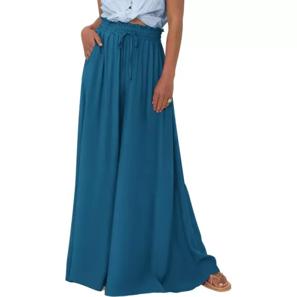 PRETTYGARDEN Womens 2024 Summer Wide Leg Palazzo Pants High Waisted Flowy Pockets Trendy Casual Lounge Boho Beach TrousersLake Blue