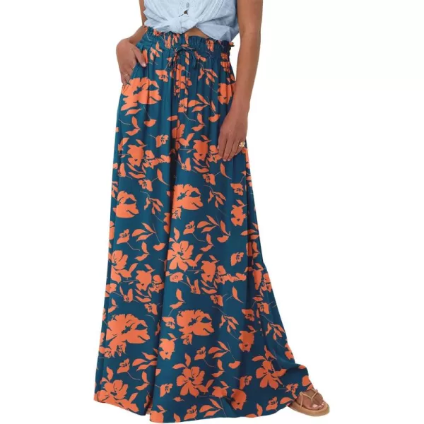 PRETTYGARDEN Womens 2024 Summer Wide Leg Palazzo Pants High Waisted Flowy Pockets Trendy Casual Lounge Boho Beach TrousersPrint Dark Blue Orange