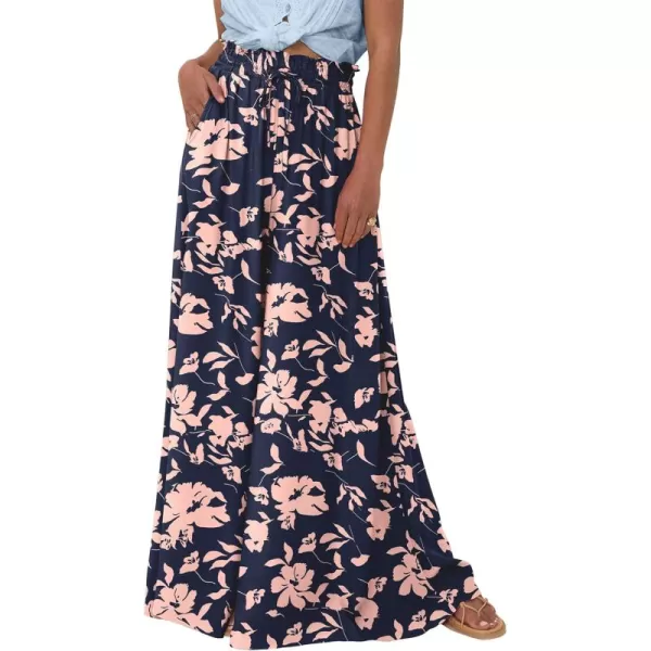 PRETTYGARDEN Womens 2024 Summer Wide Leg Palazzo Pants High Waisted Flowy Pockets Trendy Casual Lounge Boho Beach TrousersPrint Navy Pink