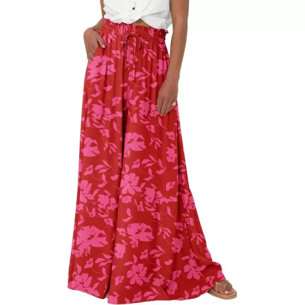 PRETTYGARDEN Womens 2024 Summer Wide Leg Palazzo Pants High Waisted Flowy Pockets Trendy Casual Lounge Boho Beach TrousersPrint Red
