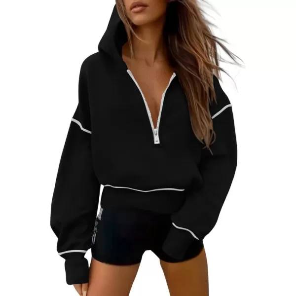PRETTYGARDEN Womens Hooded Sweatshirts Long Sleeve Half Zip Cropped Hoodie Pullover Fall Fashion ClothesBlack