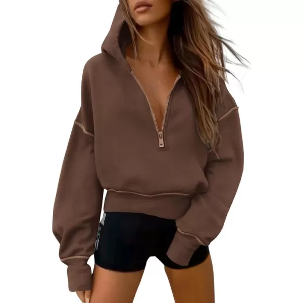 PRETTYGARDEN Womens Hooded Sweatshirts Long Sleeve Half Zip Cropped Hoodie Pullover Fall Fashion ClothesBrown Coffee