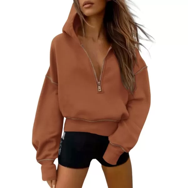 PRETTYGARDEN Womens Hooded Sweatshirts Long Sleeve Half Zip Cropped Hoodie Pullover Fall Fashion ClothesCaramel