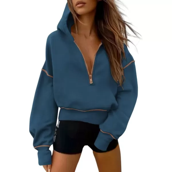 PRETTYGARDEN Womens Hooded Sweatshirts Long Sleeve Half Zip Cropped Hoodie Pullover Fall Fashion ClothesDark Blue