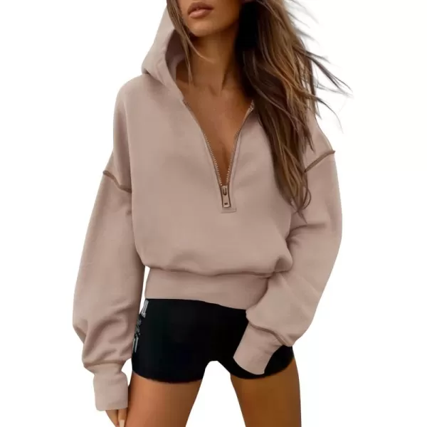 PRETTYGARDEN Womens Hooded Sweatshirts Long Sleeve Half Zip Cropped Hoodie Pullover Fall Fashion ClothesKhaki