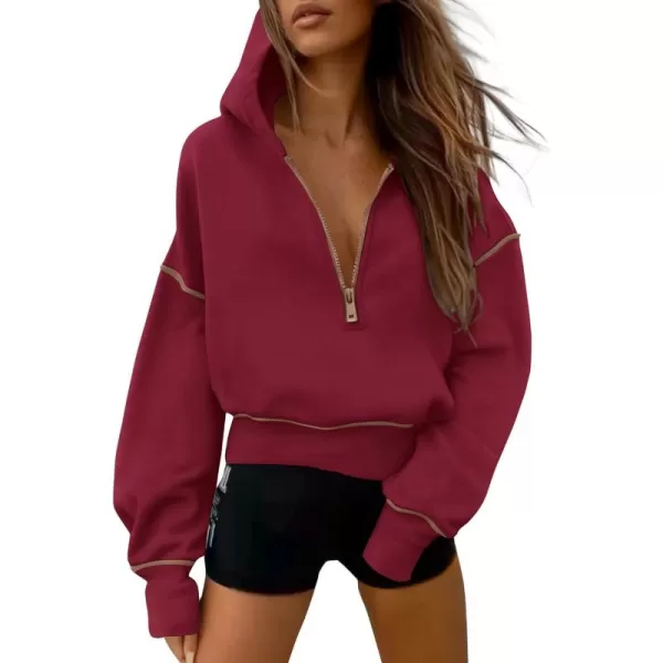 PRETTYGARDEN Womens Hooded Sweatshirts Long Sleeve Half Zip Cropped Hoodie Pullover Fall Fashion ClothesWine Red