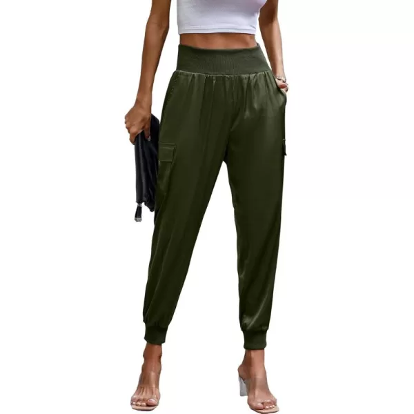 PRETTYGARDEN Womens Satin Jogger Pants Casual High Waist Long Lounge Pant Trousers with PocketsArmy Green