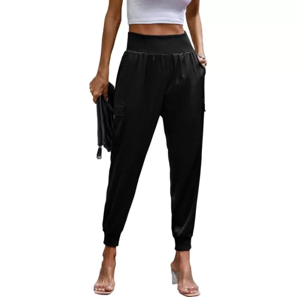 PRETTYGARDEN Womens Satin Jogger Pants Casual High Waist Long Lounge Pant Trousers with PocketsBlack