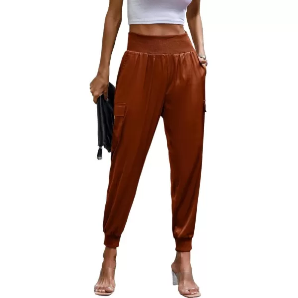 PRETTYGARDEN Womens Satin Jogger Pants Casual High Waist Long Lounge Pant Trousers with PocketsBrick Red