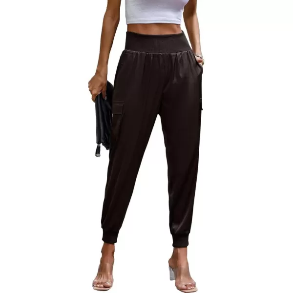 PRETTYGARDEN Womens Satin Jogger Pants Casual High Waist Long Lounge Pant Trousers with PocketsDark Coffee
