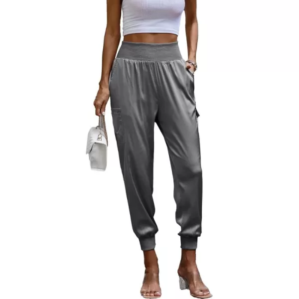 PRETTYGARDEN Womens Satin Jogger Pants Casual High Waist Long Lounge Pant Trousers with PocketsGrey
