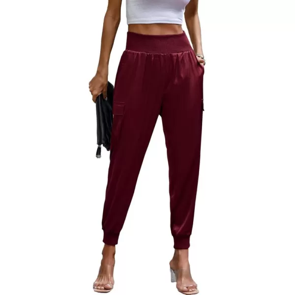 PRETTYGARDEN Womens Satin Jogger Pants Casual High Waist Long Lounge Pant Trousers with PocketsWine Red