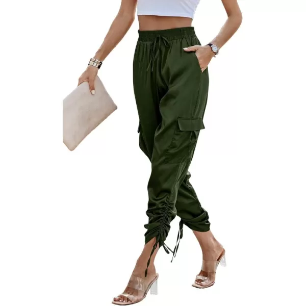 PRETTYGARDEN Womens Satin Jogger Pants Casual High Waist Long Lounge Pant Trousers with PocketsZarmy Green