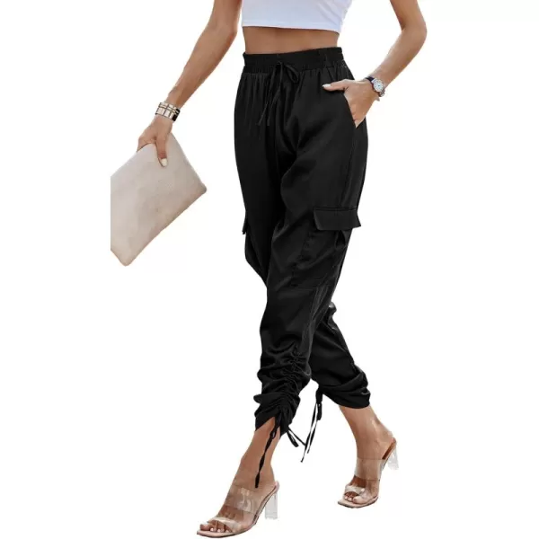 PRETTYGARDEN Womens Satin Jogger Pants Casual High Waist Long Lounge Pant Trousers with PocketsZblack