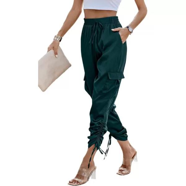 PRETTYGARDEN Womens Satin Jogger Pants Casual High Waist Long Lounge Pant Trousers with PocketsZdark Green