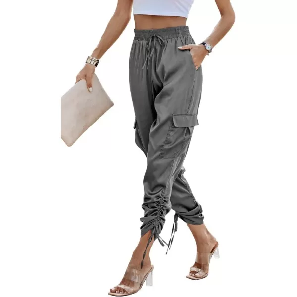 PRETTYGARDEN Womens Satin Jogger Pants Casual High Waist Long Lounge Pant Trousers with PocketsZgrey