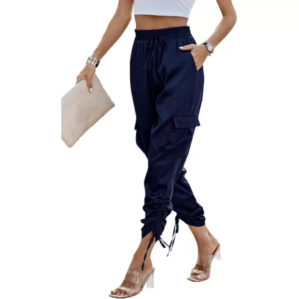 PRETTYGARDEN Womens Satin Jogger Pants Casual High Waist Long Lounge Pant Trousers with PocketsZnavy