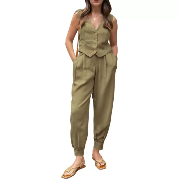 PRETTYGARDEN Womens Summer Two Piece Outfits V Neck Button Front Cropped Tank Tops Vest Pockets Pants Cotton Matching SetsArmy Green