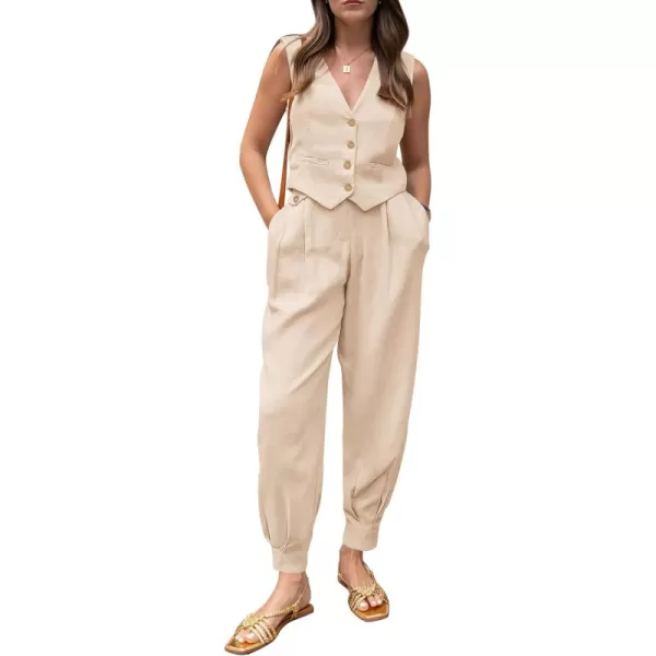 PRETTYGARDEN Womens Summer Two Piece Outfits V Neck Button Front Cropped Tank Tops Vest Pockets Pants Cotton Matching SetsBeige
