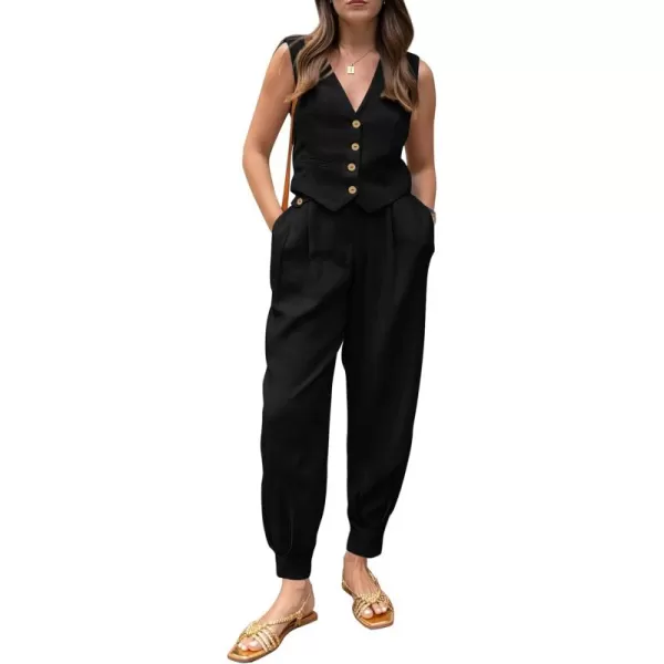 PRETTYGARDEN Womens Summer Two Piece Outfits V Neck Button Front Cropped Tank Tops Vest Pockets Pants Cotton Matching SetsBlack