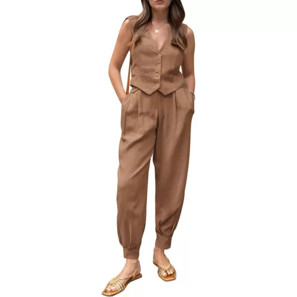 PRETTYGARDEN Womens Summer Two Piece Outfits V Neck Button Front Cropped Tank Tops Vest Pockets Pants Cotton Matching SetsBrown