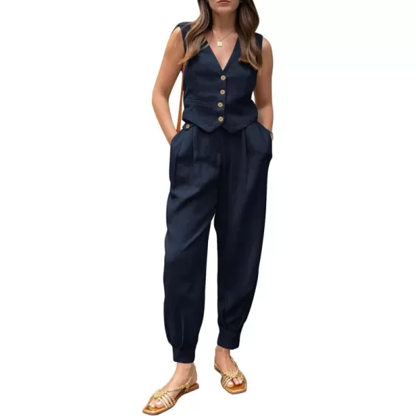 PRETTYGARDEN Womens Summer Two Piece Outfits V Neck Button Front Cropped Tank Tops Vest Pockets Pants Cotton Matching SetsDark Blue