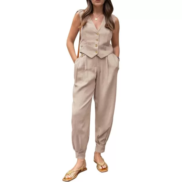 PRETTYGARDEN Womens Summer Two Piece Outfits V Neck Button Front Cropped Tank Tops Vest Pockets Pants Cotton Matching SetsKhaki