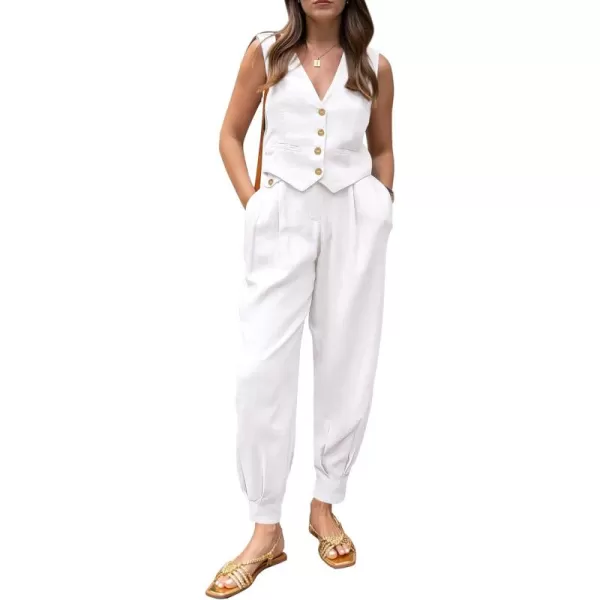 PRETTYGARDEN Womens Summer Two Piece Outfits V Neck Button Front Cropped Tank Tops Vest Pockets Pants Cotton Matching SetsWhite